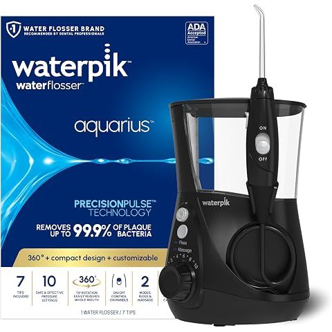 Waterpik Aquarius Countertop Water Flosser with 10 Settings, 7 Tips, Black | For Da...