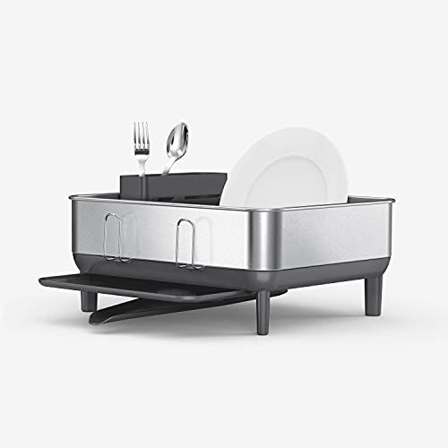 simplehuman Compact Kitchen Dish Drying Rack With Swivel Spout, Fingerprint-Proof Stainless Steel Frame, Grey Plastic