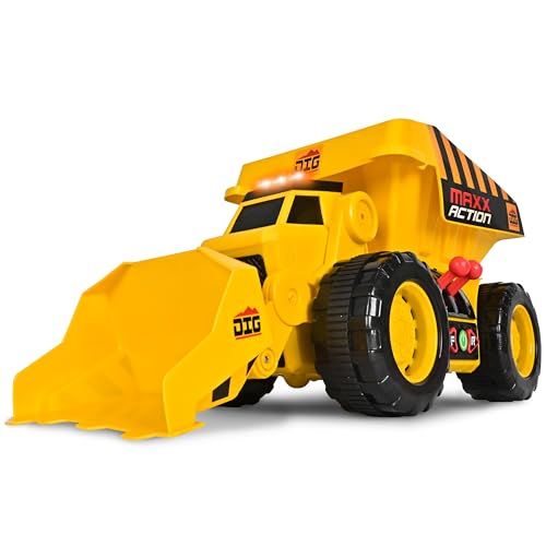Sunny Days Entertainment 2-N-1 Dig Rig – Dump Truck and Front End Loader with Lights, Sounds and Motorized Drive, Yellow, Large