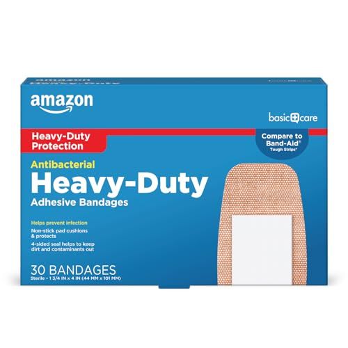 Amazon Basic Care Heavy Fabric Adhesive Bandages, Strong Adhesion, Large Tough & Flexible Non-Stick Pad Cushion, 1.75 x 4 in, 30 Count