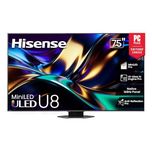 Hisense 75" U8 Series ULED Mini-LED 4K UHD Smart Google TV (75U8QG) - QLED, Native 165Hz, VRR 288, Up to LD5600, 5000 Nits, HDR10+, Dolby Vision IQ · Atmos, IMAX Enhanced, 4.1.2 Ch Audio