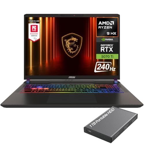 msi Vector 16 HX AI 16" 240Hz QHD+ Gaming Laptop, AMD Ryzen 9 8940HX, NVIDIA Geforce RTX 5070Ti 12GB GDDR7, 16GB DDR5 RAM, 1TB SSD, Thunderbolt 4, Wi-Fi 7, RGB Backlit, Win 11, w/1TB Portable HDD