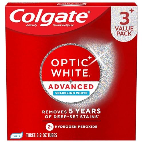 Amazon.com : Colgate Optic White Advanced Hydrogen Peroxide Toothpaste, Teeth Whitening Toothpaste Pack, Enamel-Safe Formula, Helps Remove Tea, Coffee, and Wine Stains, Sparkling White, 3 Pack, 3.2 oz : Health & Household