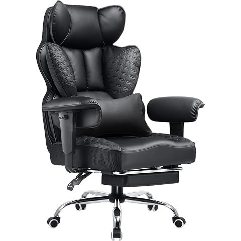 COMHOMA Big and Tall Office Chair 400LBS Wide Ergonomic Gaming Chair with Deluxe Embossing Designed Leather with Foot Rest,150°Reclining Adjustable Armrests Pocket Spring Back Support and Pillow