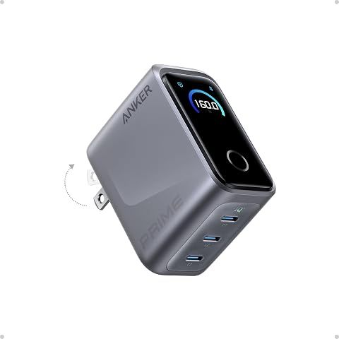Anker Prime Charger,160W 3-Port Compact GaN USB C Charger,Smart Display,Touch Contr...