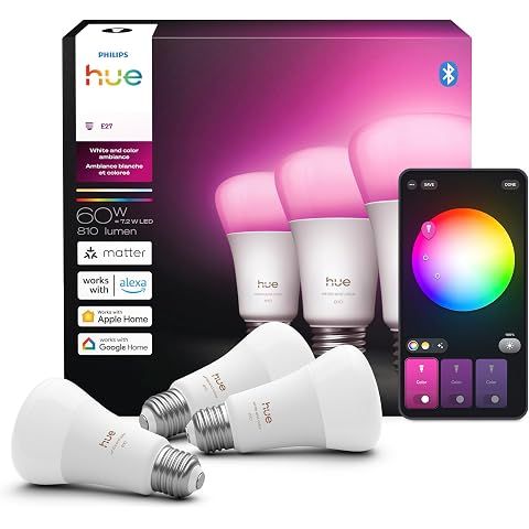 Philips Hue Smart LED A19 Bulb, 3-Pack | White & Color Ambiance, Full Spectrum Ligh...