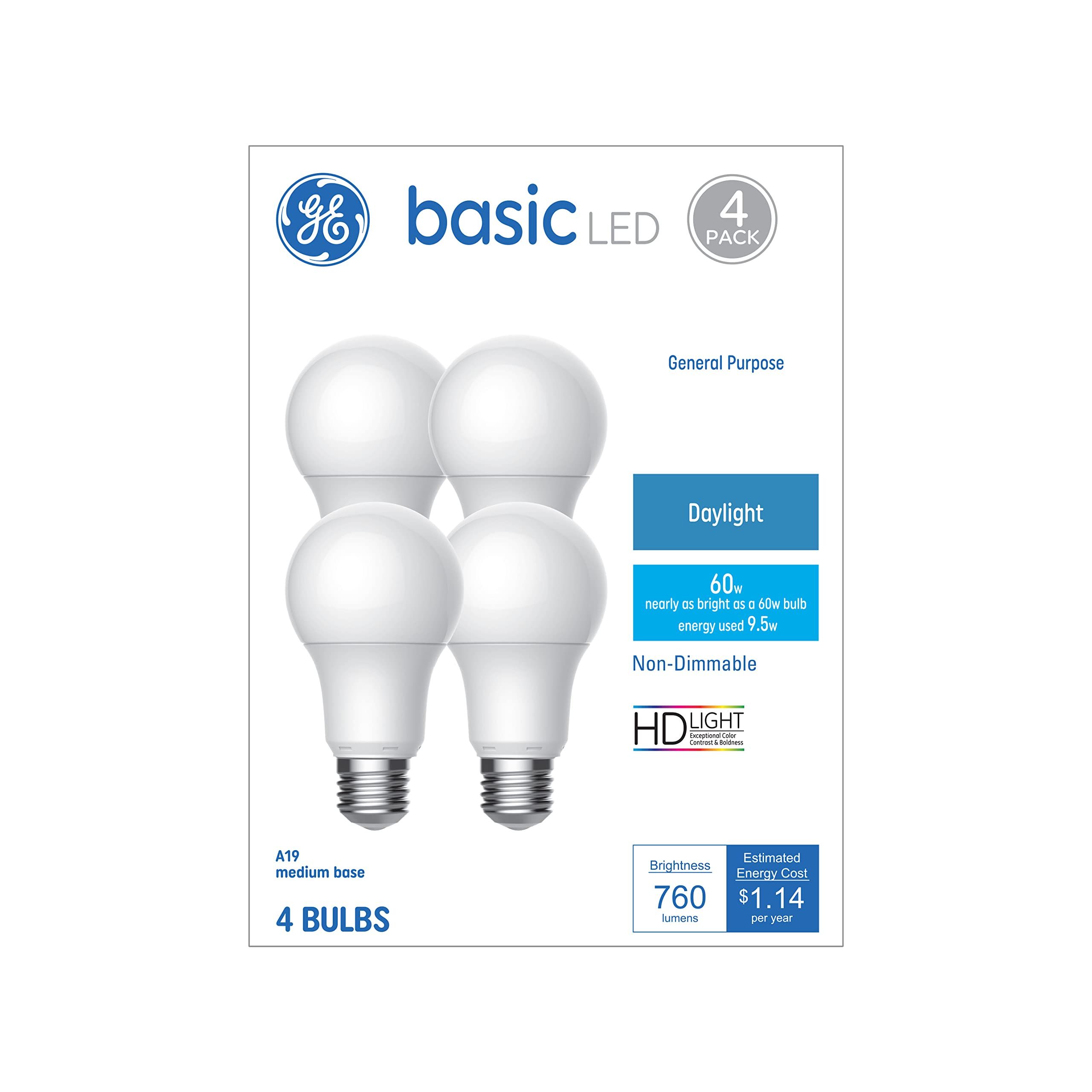 GE Basic LED Light Bulbs, 60 Watt, Daylight, A19 (4 Pack) Daylight 4 Bulbs