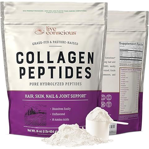Live Conscious Collagen Peptides Powder - Naturally-Sourced Hydrolyzed Collagen Powder - Hair, Skin, Nail, and Joint Support - Type I & III Grass-Fed Collagen Supplements for Women and Men - 16oz