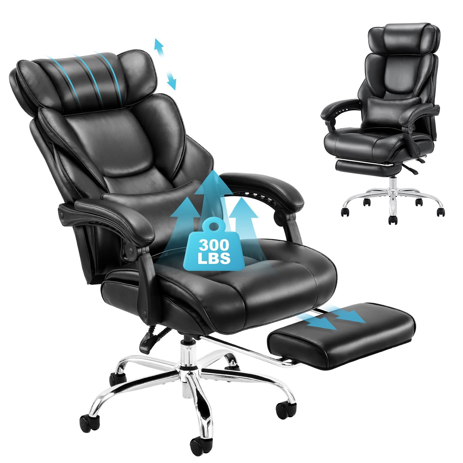COLAMY Office Chair with Footrest, Ergonomic High Back Design Executive Computer Desk Chair with Removable Lumbar Pillow, 90-135°Reclining, Thick Bonded Leather for Home Office Work Comfort, Black
