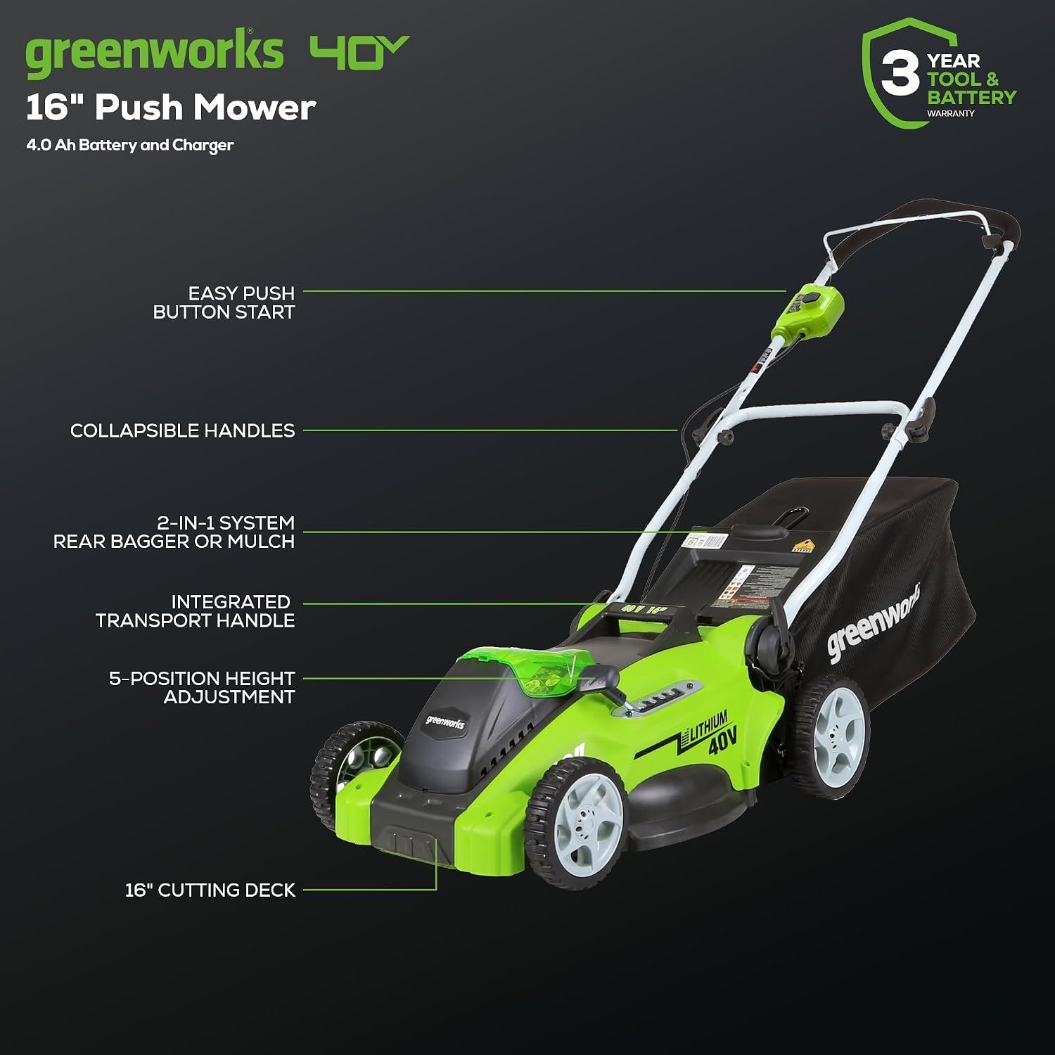 Greenworks 40V 16" Lawn Mower - Image 2