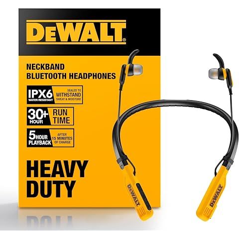DEWALT Heavy Duty Bluetooth Neckband Headphones, Wireless Around The Neck Earbuds w...