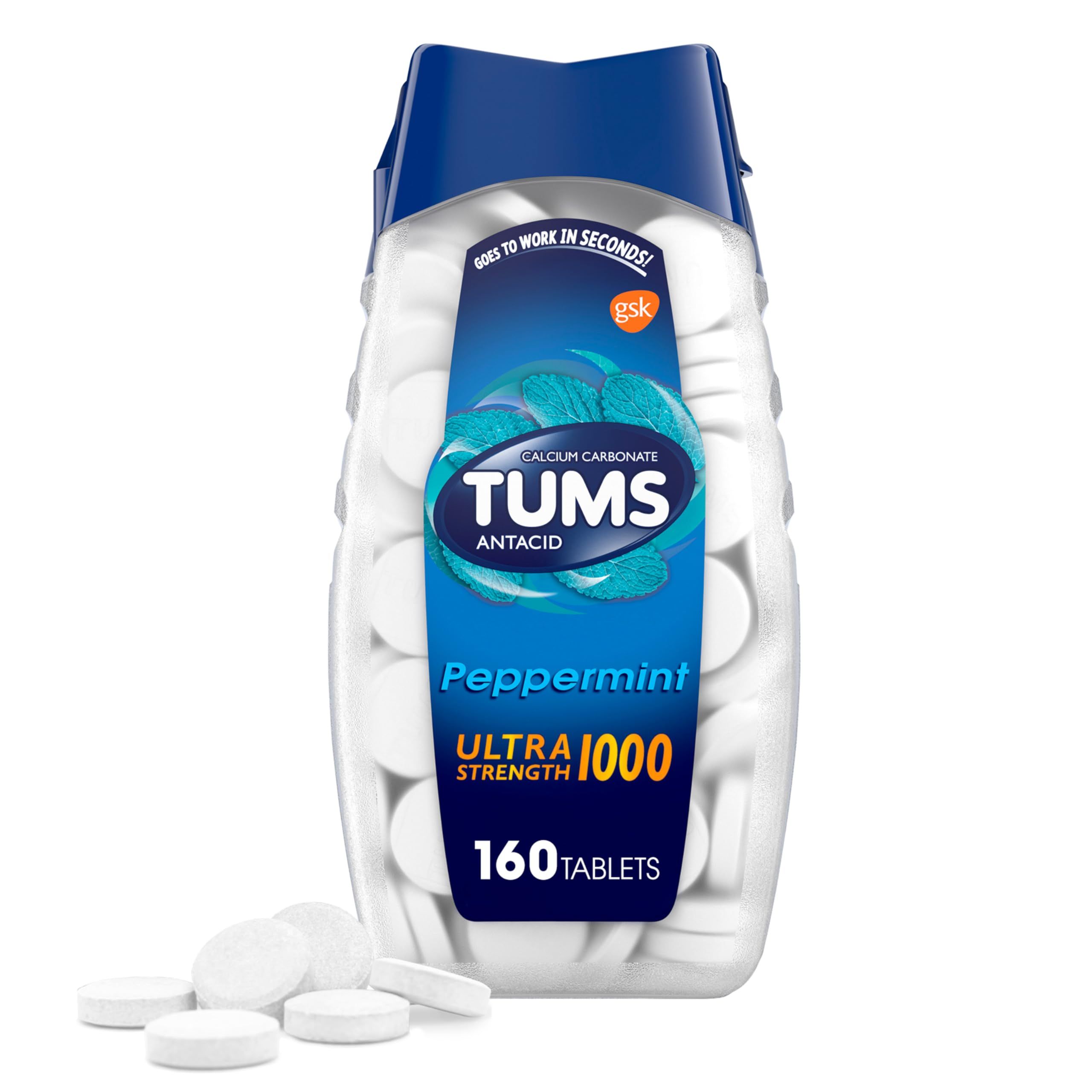 TUMS Ultra Strength Chewable Antacid Tablets for Heartburn Relief, Peppermint - 160 Count