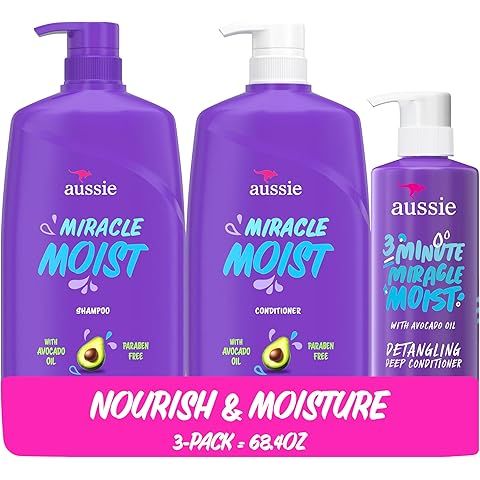 Aussie Miracle Moist Shampoo and Conditioner with 3 Minute Miracle Deep Conditioner, Avocado & Jojoba Oil, Paraben-Free, Moisturizes & Detangles, All Hair Types, Citrus Floral Scent, 3 Pack 68.4 Fl Oz