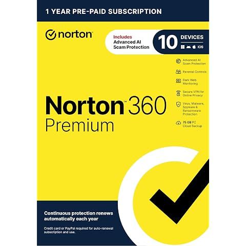 Norton 360 Premium – Antivirus Software for 10 Devices with Auto Renewal - Includes VPN, PC Cloud Backup & Dark Web Monitoring powered by LifeLock - 2020 Ready [Key card]
