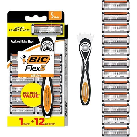BIC Flex 5 Men's Refillable 5-Blade Razors with 1 Handle and 12 Cartridges, Smooth ...