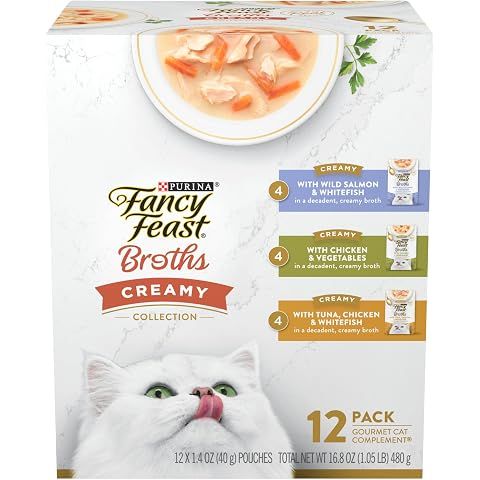 Purina Fancy Feast Broths Creamy Wet Cat Food, 1.4 oz, 12 Pouches | Variety Pack wi...