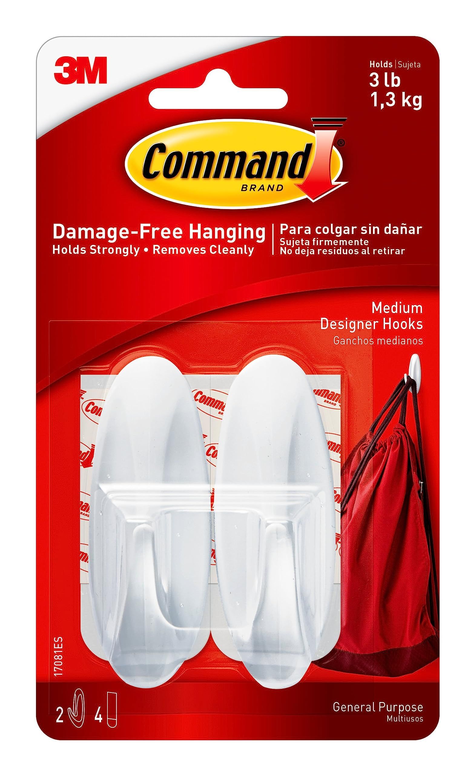 Command Medium Designer Hooks, 2 Hooks and 4 Command Strips, Damage-Free Hanging Wall Hooks with Adhesive Strips, No Tools Adhesive Hooks for Hanging, Organization and Storage, Holds up to 3 lb