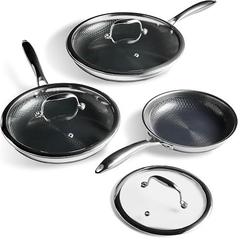 HexClad Hybrid Nonstick 6-Piece Fry Pan Set, 8, 10 and 12-Inch Frying Pans with Tempered Glass Lids, Stay-Cool Handles, Dishwasher and Oven Safe, Induction Ready, Compatible with All Cooktops