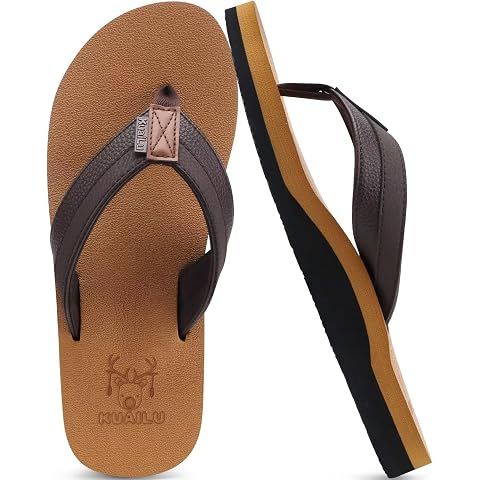 KuaiLu Men's Yoga Mat Leather Flip Flops Thong Sandals with Arch Support Khaki Size 11