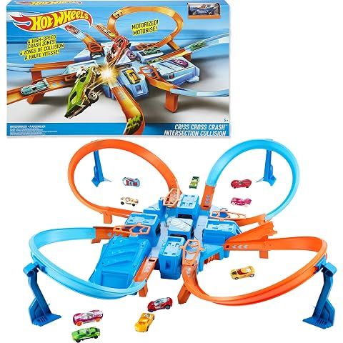 Hot Wheels Track Set with 1:64 Scale Toy Car, 4 Intersections for Crashing, Powered...