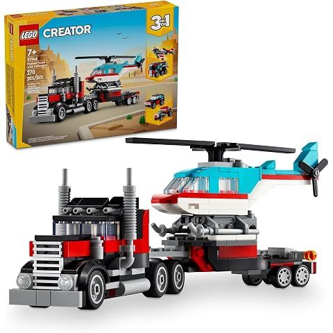 LEGO Creator 3 in 1 Flatbed Truck with Helicopter Toy, Transforms from Flatbed Truc...