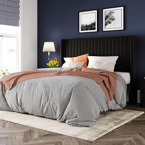 Allewie Queen Size Velvet Bed Frame/Vertical Channel Tufted Wingback Headboard/Upho...