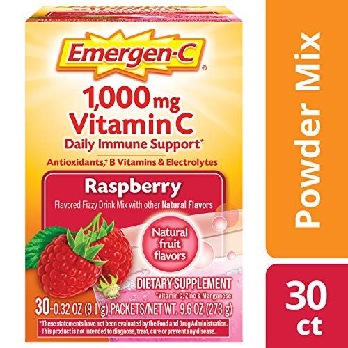 Emergen-C (30 Count, Raspberry Flavor, 1 Month Supply) Dietary Supplement Fizzy Drink Mix with 1000mg Vitamin C, 0.32 Ounce Powder Packets, Caffeine Free