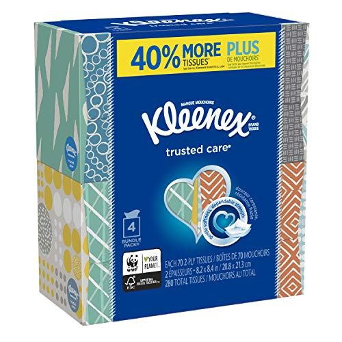Kleenex Trusted Care Everyday Facial Tissues, Cube Box, 70 Tissues per Box, 4 Pack (280 Tissues Total)