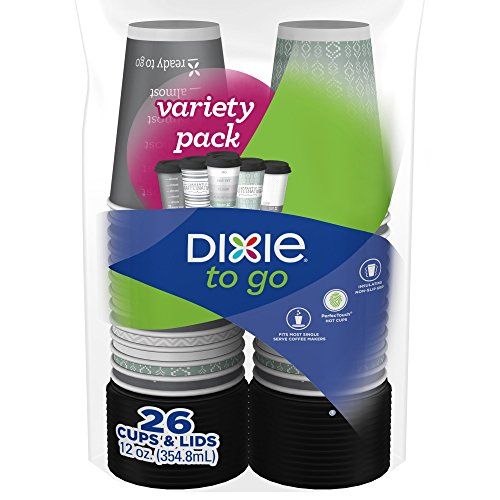 Dixie To Go Coffee Cups and Lids, 12 Oz, 26 Count, Assorted Designs, Disposable Hot Beverage Cups & Lids