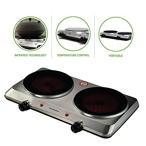 Ovente Countertop Infrared Burner - 1500 Watts - Ceramic Double Plate Cooktop with Temperature Control, Non-Slip Feet - Indoor/Outdoor Portable Electric Stove - Brushed Stainless Steel (BGI202S)