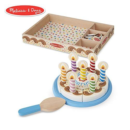 Melissa & Doug Birthday Party Cake (Wooden Play Food, Mix-n-Match Toppings and 7 Candles, Sturdy Construction, 34 Pieces)