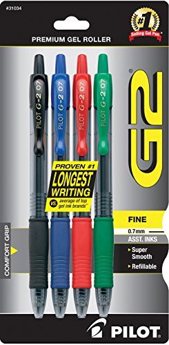 Pilot G2 Retractable Premium Gel Ink Roller Ball Pens, Fine Point, 4-Pack, Assorted Colors, Black/Blue/Red/Green (31034)