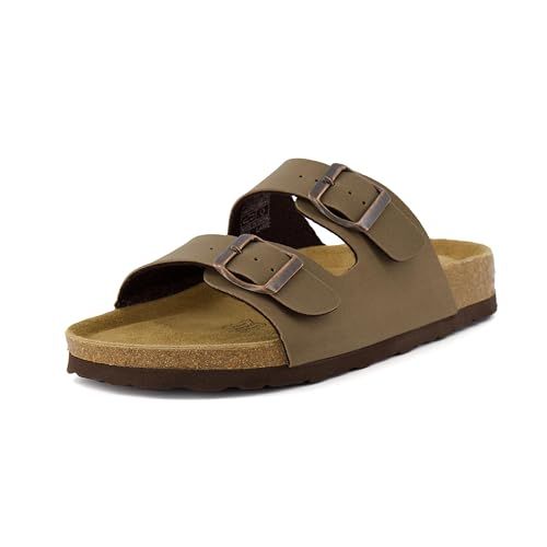 CUSHIONAIRE Lane Cork Footbed Sandals for Women – Comfortable Double Buckle Slip-On with Genuine Suede Footbed & Arch Support Slides for Women Footwear, BROWN 8