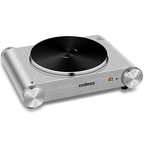 CUSIMAX Electric Hot Plate 1500W Single Burner Cast Iron Hot Plates for cooking Portable Stove Electric Burner with Adjustable Temperature Control Silver Stainless Steel Non-Slip Rubber Feet