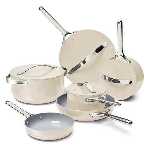 Caraway Deluxe Nonstick Ceramic Cookware Set (16 Piece) Pots, Frying Pans, Lids and Kitchen Storage - PFAS & PFOA Free - Oven Safe Ceramic Pan Set & Compatible with All Stovetops - Cream