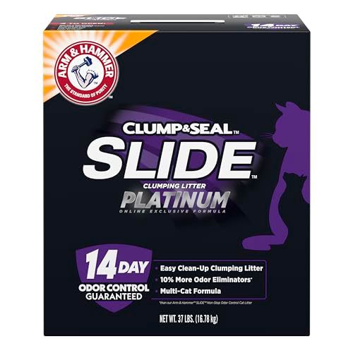 ARM & HAMMER Clump & Seal SLIDE Platinum Multi-Cat Clumping Cat Litter, 14-Day Odor Control, EZ Clean Technology, 37 lbs – No Scrubbing, Powerful Odor Eliminator