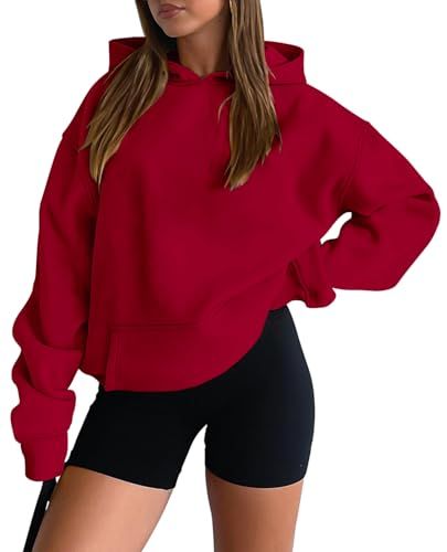 onlypuff Hoodies for Women Red Oversized Sweatshirts Hooded Pullover Casual Workout Soft Fall Fashion Outfits Winter Clothes M
