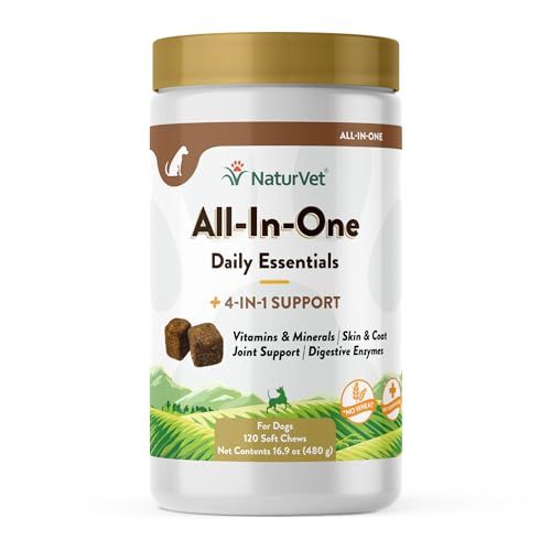 NaturVet All-in-One Dog Supplement - for Joint Support, Digestion, Skin, Coat Care β Dog Multivitamins with Minerals, Omega-3, 6, 9 β Wheat-Free Vitamins for Dogs β 120 Soft Chews