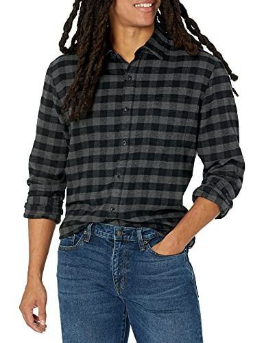 Amazon Essentials Men's Slim-Fit Long-Sleeve Flannel Shirt, Charcoal Buffalo, Large