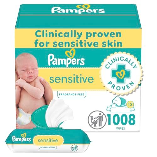 Pampers Baby Wipes, Sensitive, Water Based Wipe, Clinically Proven, Hypoallergenic, and Unscented for Babies, 1008 Wipes Total (12 Flip-Top Packs)