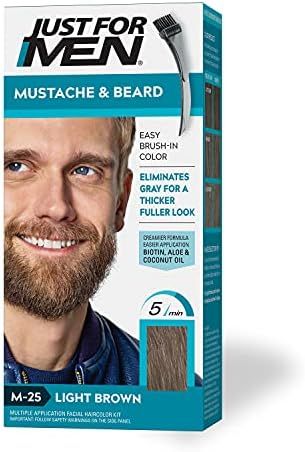 Just For Men Mustache & Beard, Beard Dye for Men with Brush Included for Easy Application, With Biotin Aloe and Coconut Oil for Healthy Facial Hair - Light Brown, M-25, Pack of 1