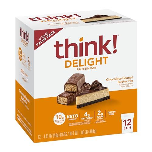 think! Delight Protein Bars, Chocolate Peanut Butter Pie, Low Sugar & Low Carb Gluten-Free Snack, Keto Friendly Snacks, 12 Count (Packaging May Vary)
