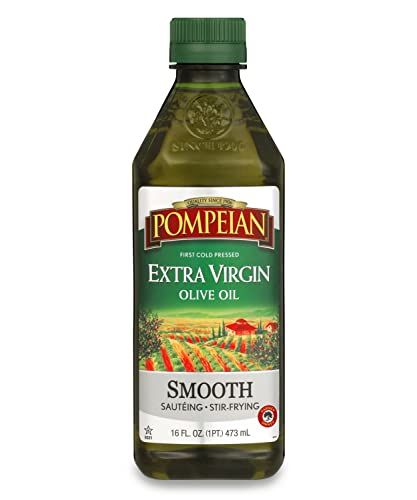 Pompeian Smooth Extra Virgin Olive Oil, First Cold Pressed, Mild and Delicate Flavor, Perfect for Sauteing and Stir-Frying, Naturally Gluten Free, Non-Allergenic, Non-GMO, 16 FL. OZ., Single Bottle