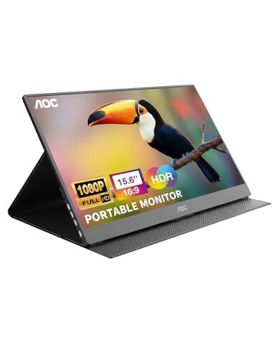 AOC 16T20 Portable Monitor 15.6" FHD 1080p IPS Display, USB-C Portable Laptop Screen, Mini HDMI, Built-in Speakers, Travel Monitor with Smart Cover, Compatible with Laptops, MacBook, PS5, Xbox