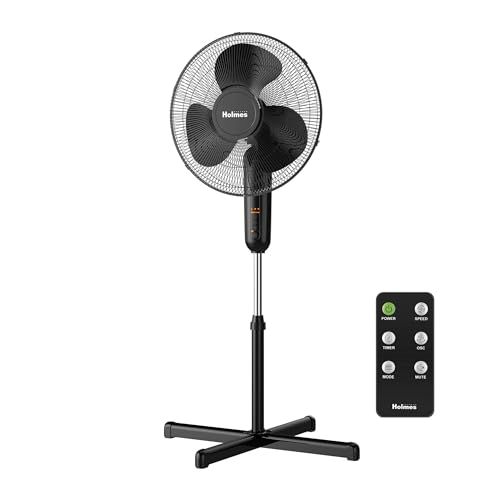 HOLMES 16" Digital Stand Fan, 80° Oscillation, 3 Speeds, 3 Modes, 7.5 Hour Timer, Adjustable Height, 30° Adjustable Head Tilt, Ideal for Home, Bedroom or Office, Remote Control, Black