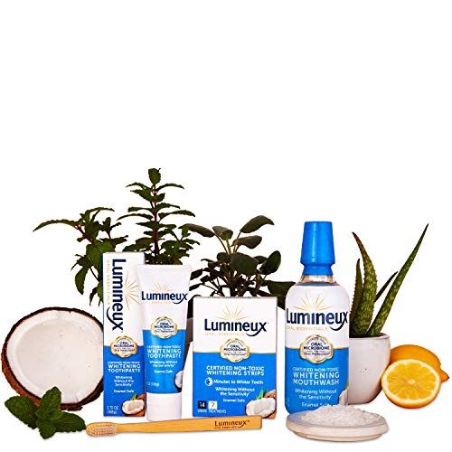 Lumineux Oral Essentials Teeth Whitening Kit - Includes 14 Whitening Strips, 7 Treatments | 1 Whitening Mouthwash, 1 Whitening Toothpaste & 1 Bamboo Toothbrush | Certified Non Toxic, Fluoride Free