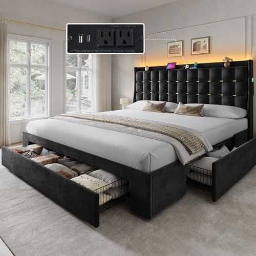 YITAHOME King Size Bed Frame with 3 Storage Drawers and RGB LED Lights, Velvet Upholstered Bed with Charging Station and Storage Headboard, No Box Spring Needed, Easy Assembly, Noise-Free, Black