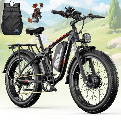 PUJH 6000W Dual Motor Ebike for Adults, 60V 20Ah Fast Electric Bike 45mph,Up to 110 Miles,24" Fat Tire Full Suspension Electric Bike for Snow Off-Road Commuter Mountain E-Bike for Men Women (Black)