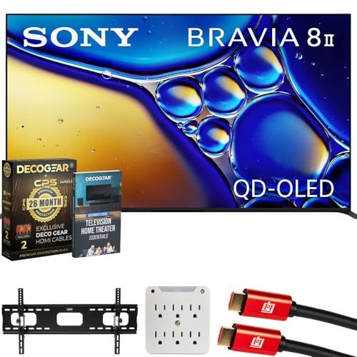 Sony K65XR80M2 BRAVIA 8 II 65" QD-OLED 4K HDR TV (2025) Bundle with CPS Exclusive 26 Month Protection, Wall Mount, 2X HDMI Cables, Surge Adapter & Deco Gear Complete Home Theater Beginner's Guidebook