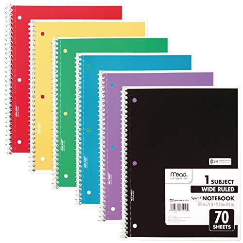 Mead Spiral Notebooks, 1 Subject, Wide Ruled Paper, 70 Sheets, Colored Note Books, Lined Paper, Home School Supplies for College Students & K-12, 10-1/2" x 7-1/2" Assorted Colors, 6 Pack (73063)